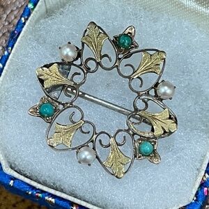 Antique Victorian 10k Yellow Gold Turquoise Pearl Ivy Leaf Wreath Brooch